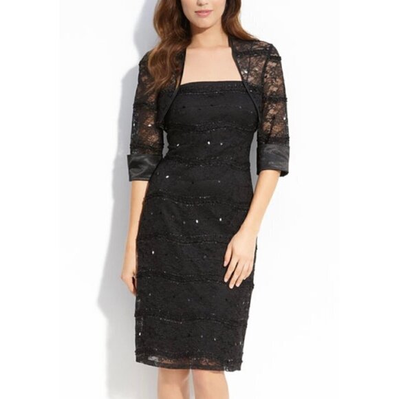 JS Collections Sz 6 Black Lace Ruffle Sheath Dress Bolero Jacket Formal Set RARE